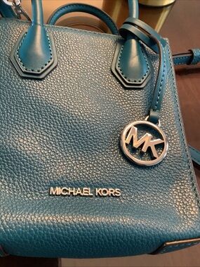 Michael Kors Teal Pebbled Leather Mini Satchel with MK Charm